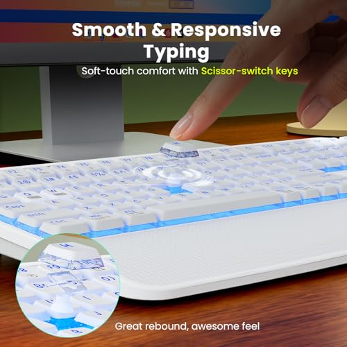 White Keyboard and Mouse Wireless Combo, 4000mAh Rechargeable Backlit Quiet Keyboards mice Set, USB Ergonomic Key Board with Wrist Rest & Phone Holder for PC, Mac, Windows, Natural Soft Typing - color: Pure white