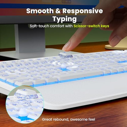 White Keyboard and Mouse Wireless Combo, 4000mAh Rechargeable Backlit Quiet Keyboards mice Set, USB Ergonomic Key Board with Wrist Rest & Phone Holder for PC, Mac, Windows, Natural Soft Typing - color: Pure white