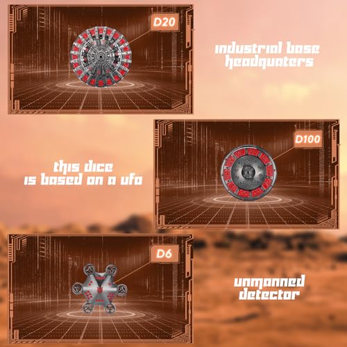 Unique Pioneer Dice Zinc Alloy Metal Dice Set 7pcs DND Dice Mars Planet Theme Polyhedral RPG Dice Set for Dungeons and Dragons Tabletop GamingRocket and UFO Design (Dark red) - color: Dark Red