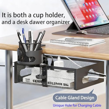 Clamp-On Under Desk Organizer with Cup Holder, 360° Rotating Mesh Drawer with Cable Hole, No-Drill Desk Drawer Organizer for Gaming Desk Accessories, Office Supplies, Coffee Mug, Dorm(2 in1)