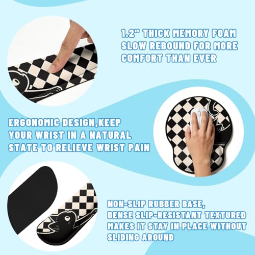 Black Cat Desk Mat Set Minimal Checkerboard Large Mouse Pad with Wrist Rest 4-in-1 Desk Mat for Desktop Ergonomic Computer Desk Arm Wrist Anti-Slip Computer Ergonomic Mouse Pad Home Office Gaming - color: Minimal Black Cat, size: 34.5" x 15.7"