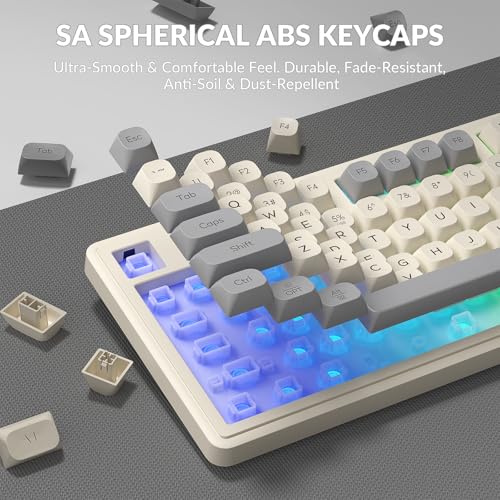 L98 Gaming Keyboard Wired, Cute Creamy Keyboard with Number Pad, Media Knob RGB Backlit, Quiet Office Computer Keyboards for PC Mac Laptop (Creamy Gray - Wired)
