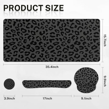 Britimes Grey Leopard Cheetah Keyboard Mouse Pad Set Black Animal 4in1 Large Mousepad+Keyboard Wrist Rest+Mouse Wrist Rest+Coaster Ergonomic Design for Home Office Computer 35.4x15.7 inches - color: Black Grey Leopard