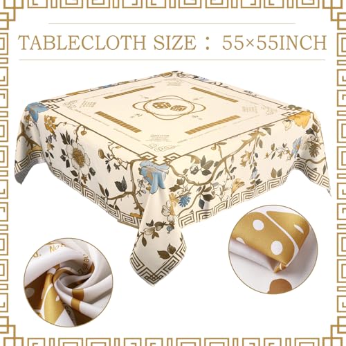 Oudain Chinoiserie Mahjong Tablecloth Florals Card Table Cloth 55x 55 Inch Square Tablecloth Game Table Cover with Game Rules for Mahjong Beginners, Card, Board Tile Games (Beige) - color: Beige
