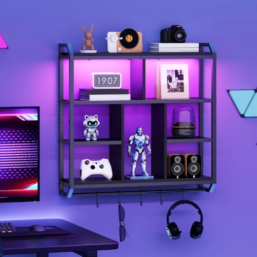 HOOBRO Gaming Floating Shelves with LED Light, 28.1" LED Wall Shelf Black | 4-Tier Wall Mounted Shelves for Storage, Floating Wall Shelf Display Rack With Hanging Rod, for Bedroom Game Room Living Room - color: Black