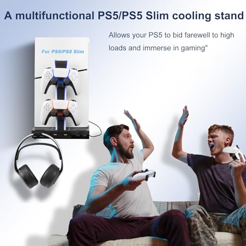 WishJazz PS5/Slim/Pro Wall Mount Kit with Cooling Fan & Charging Station, PS5 Shelf Wall Mount Accessories, Steel Wall Stand with Dual Controller Charger, Headset Hanger for All PS5 Versions