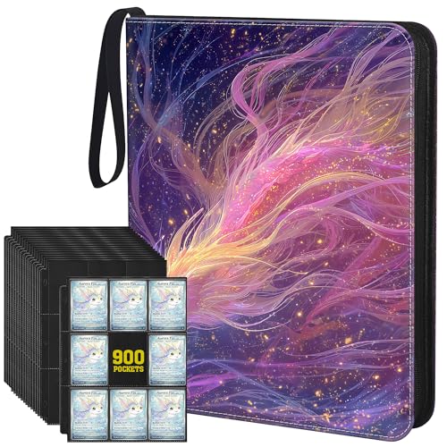 Trading Card Binder 900 Capacity, 50 Double-Sided 9-Pocket Top-Loading, 3-Ring TCG Album for 2.5 x 3.5 Cards, Acid Free PVC Free, Water-Resistant PU with Wrist Strap - Nebula Dragon Design - color: Nebula Dragon