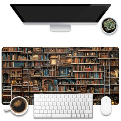 Desk Pad, Fantasy Shelves Desk Mat, Shelves Full of Books Large Gaming Mouse Pad for Desk, 31.5"x15.7" Extended Big Computer Keyboard Mouse Pad with Non-Slip Base and Stitched Edge - color: Fantasy Shelves