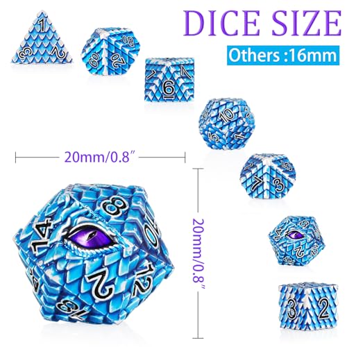 Metal Dice Set D&D,7 PCS Dragon Scale Metallic DND Dice Set,Dragon Eye Metal Dice with Grogeous Gift Case for Dungeons and Dragon Tabletop Game (Blue Dragon Scale & Purple Eye) - color: Blue Dragon Scale & Purple Eye