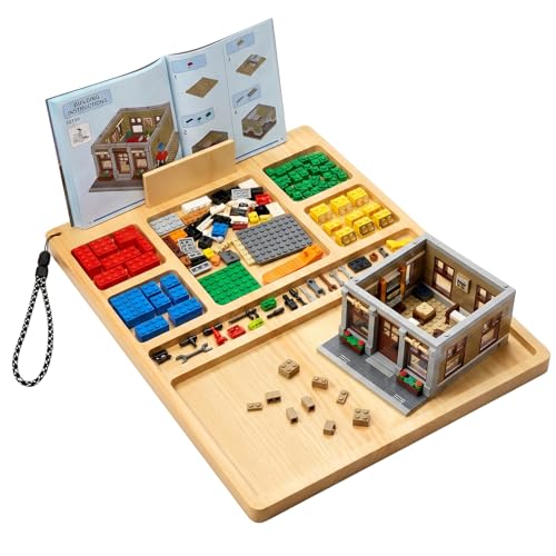 Building Baseplate Table for Lego with Portable Lego Sorting Tray | Wooden Lego building tray featuring 7-compartment brick organizer, instruction holder, lanyard, and portable lego lap table.