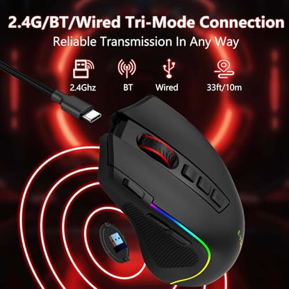E-YOOSO Premium Wireless Bluetooth Versatile Mouse,8000 DPI,6 RGB Backlit | USB C Rechargeable,2.4G/BT/Wired,Rapid Fire Key,75-Hour Power Capacity,For Gaming/Office/Home/PC Computer/Laptop/Mac