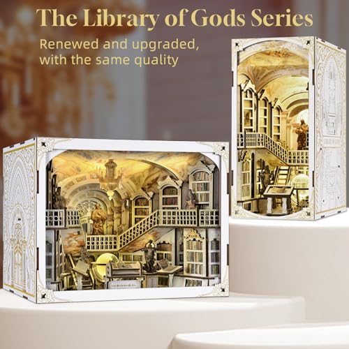 MiniCity Library of Gods Book Nook Kit, DIY Wooden Miniature Scene with LED | Build an abbey library in 6-8 hr; 314-piece kit includes LED, dust cover, glue/tools and guide for shelf display, ages 14+. - style: Library of Gods Max