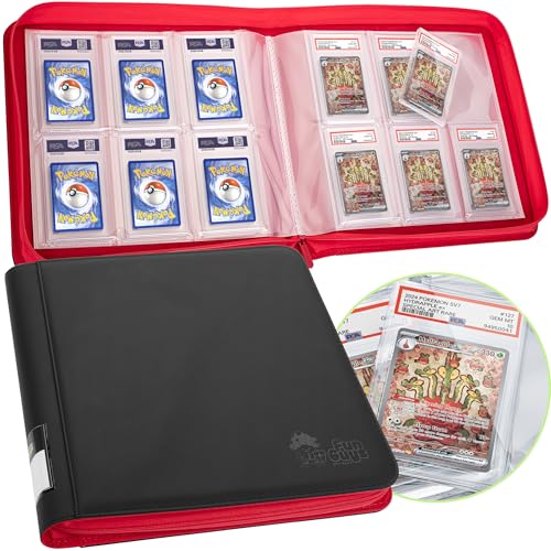 FunGuys Graded Card Binder, 60 PSA Slab Holder, 6 Pocket Graded Card Storage, Slab Binder, PSA Card Graded Display Case Album, Zipper, MTG Card Collection Binder - color: Black and Red