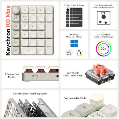 Keychron K0 Max QMK Wireless Custom Number Low-Profile RGB Backlit (Hot-Swappable) Silent Red Switch Keypad, 2.4 GHz & Bluetooth 5.3 Connection, 1000Hz Polling Rate - Retro Version - color: Silent Red Switch, size: Retro