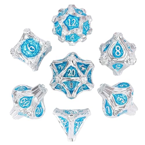 7PCS Metal Dice Set D&D Silver Metal DND Dice for RPG Board Games | Leather Storage Bag, DM Gift, for Dungeons and Dragons Role Playing Games - color: Metal Tree-silverblue