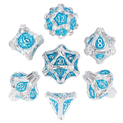 7PCS Metal Dice Set D&D Silver Metal DND Dice for RPG Board Games | Leather Storage Bag, DM Gift, for Dungeons and Dragons Role Playing Games - color: Metal Tree-silverblue