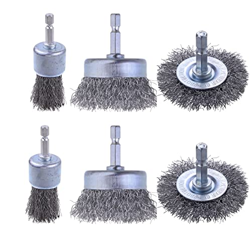Rocaris 6 Pack Carbon Steel Wire Wheel Brush, Wheel Brush for Dill | 1/4-Inch Hex Shank, Cup Brush Set, Pen Brush for Rust Removal, Corrosion and Scrub Surfaces