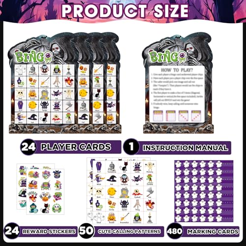39 Pcs Halloween Party Bingo Game for Adults Kids 24 Players Tomb Shaped Bingo Game Card with Rewards Stickers for Families Friends Students Large Group Gathering Activities Boo Spooky Party Favors - style: Halloween Tomb