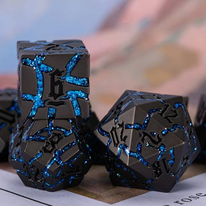 Cracked Rune Metal Dice Set for DND & RPG – Dark Fantasy Fractured Design, Premium Heavy Metal Polyhedral Dice with Deep Engraved Numbers, 7-Piece Set – Blue Arcane Vein - color: Pearl Gun Bright Blue
