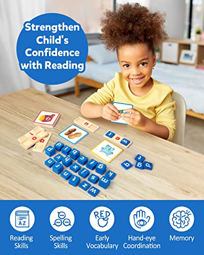 Coogam Wooden Short Vowel Reading Letters Sorting Spelling Games, Site CVC Words Learning Flashcards Alphabet Puzzle Montessori Educational Toy Gift for Kids 3 4 5 Years Old