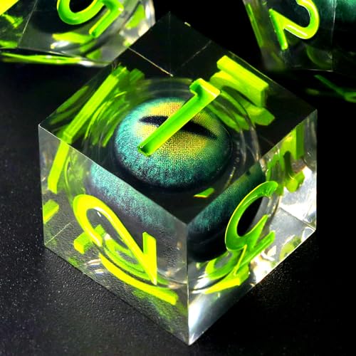 FONVGOGO Dragon Eye DND Dice Set, 7 Piece Liquid Core D and D Dice for Role Playing, Sharp Edge Resin Dungeons and Dragons Polyhedral D and D Dice with Box (Green) - color: Dragon Eye Green
