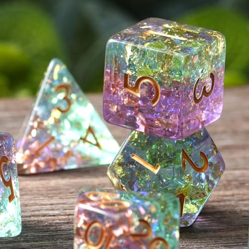 Prismatic Realm Resin Dice Set for DND – 7pc Polyhedral Set with Glitter & Foil – Stunning and Cool RPG Dice for Dungeons & Dragons, and Other TTRPGs – Unique Natural Distribution - color: Prismatic Realm