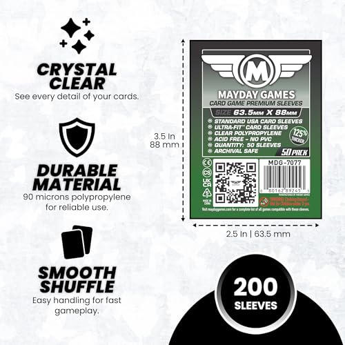 MayDay Games 63.5x88mm Card Sleeves Premium Bundle (4x50 Pack, 200 Sleeves) – 90 Micron Clear Polypropylene, Acid-Free & PVC-Free, Board Game Card Protection – SKU MDG-7077