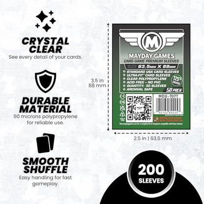 MayDay Games 63.5x88mm Card Sleeves Premium Bundle (4x50 Pack, 200 Sleeves) – 90 Micron Clear Polypropylene, Acid-Free & PVC-Free, Board Game Card Protection – SKU MDG-7077