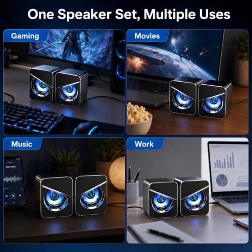 Brand Computer Speakers with Dynamic RGB LED Light, USB Powered Stereo Desktop Speaker, Plug and Play Multimedia Sound Bar for PC Laptop Monitor Gaming Office