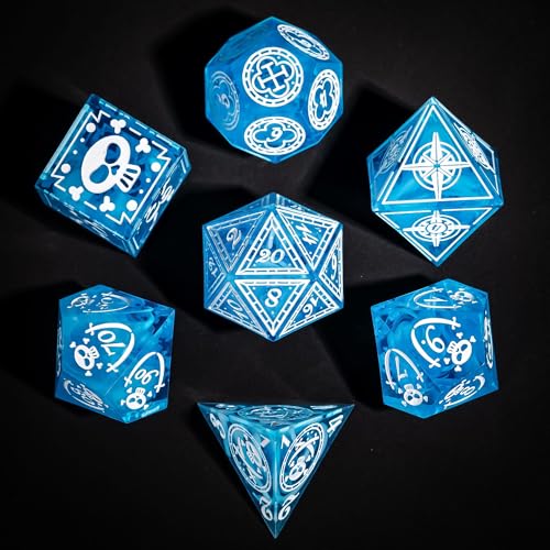 Cusdie 7-Piece Sharp Edges DND Dice Set with Pirate Design - Perfect for Tabletop RPGs Board Games Gifting and Collecting(Blue w/White Pirate Pattern) - color: Blue W/White Pirate Pattern