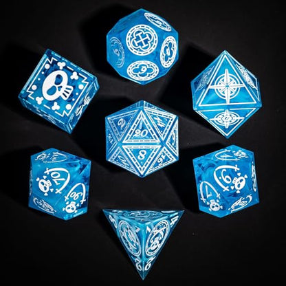 Cusdie 7-Piece Sharp Edges DND Dice Set with Pirate Design - Perfect for Tabletop RPGs Board Games Gifting and Collecting(Blue w/White Pirate Pattern) - color: Blue W/White Pirate Pattern