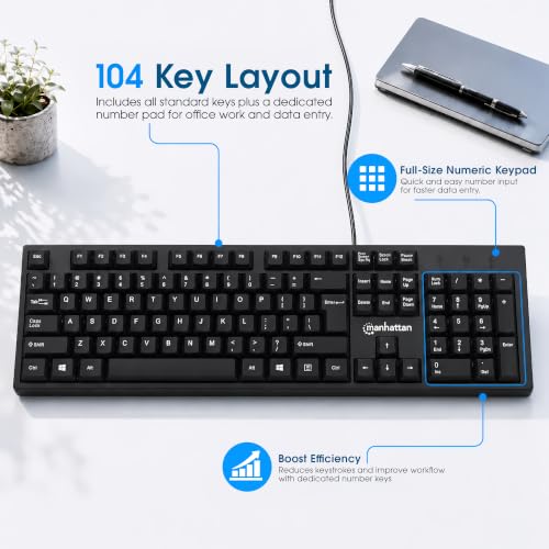 Manhattan Wired Computer Keyboard – Basic Black Keyboard - with 4.5ft USB-A Cable, 104-keys, Foldable Stands - Compatible for Windows, PC, Laptop - 3 Yr Mfg Warranty – 179324 - color: Black