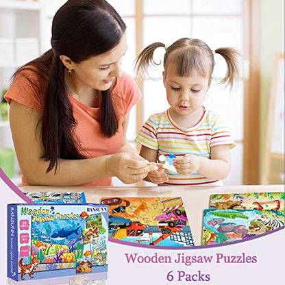 Puzzles for Kids Ages 3-5 24 Piece Wooden Puzzles 6 Pack | Colorful Toddler Jigsaw Puzzles, Educational Learning Toys, Birthday Gifts for Boys Girls