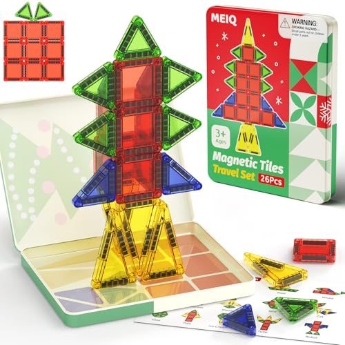 Magnetic Tiles Travel Storage Mini STEM Blocks Festive Box 26PCS 3+ | STEM magnetic building tiles with festive travel box. Great for road trips, airplanes, Montessori play & on-the-go fun - size: 26 PCS