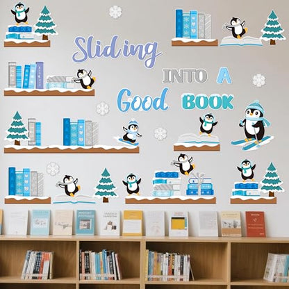 TICIAGA 79Pcs Winter Penguin Sliding Into A Good Book Bulletin Board Set, Winter Penguin Bookshelf Cutouts Trim Border for School Library Learning Classroom Chalkboard Wall Christmas Decorations - style: Winter