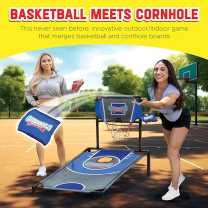 Sports Basketball Net Cornhole Board Set, Basketball & Cornhole in One, Includes 8 Red/Blue Bean Bags, Convenient Carrying Case, Tailgating Fun