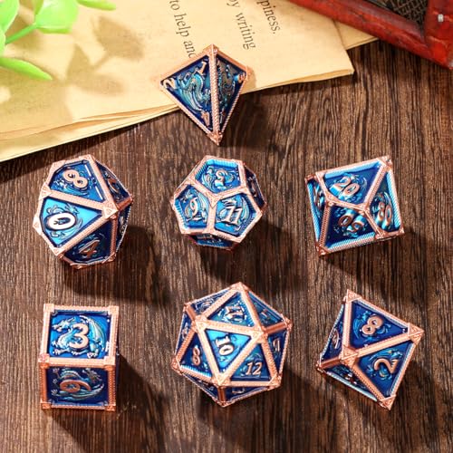 Metal Dice Set, Fly Dragon Pattern, 7pcs Polyhedral Metal DND Dice Set, DND Starter Set, D&D Gifts with Gift Box, Role Playing Board Games Accessories, Blue ﻿ - color: Blue