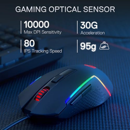 Redragon S141 Combo, K515 Membrane Gaming Keyboard + M616 10000 DPI Mouse | 4 On-the-Fly Combos, Mechanical-Feel Linear Quiet Typing, 6-Button Precision Control, Detachable Wrist Rest, PRO Software - color: S141