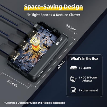 8K HDMI Splitter 1 in 2 Out (Mirror Only) – HDMI 2.1 8K@60Hz, 4K@240Hz DSC | 48Gbps, HDCP 2.3, EDID, Auto Downscaling, Duplicate Screens for Dual Monitors, TV, PS5, Xbox