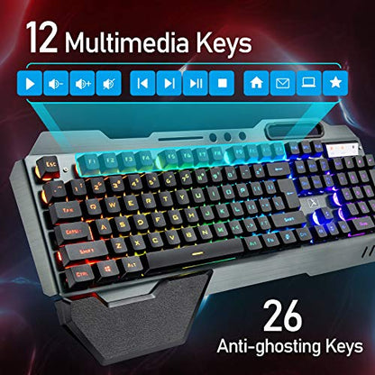 Wireless Membrane RGB Gaming Keyboard and Mouse with Rainbow Backlit-Black | Rechargeable 4800mAh Battery,Metal Panel,Ergonomic,Waterproof,Dustproof,7 Color Mute 2400 DPI Mice for Computer PC Mac Gamer - color: Black RGB