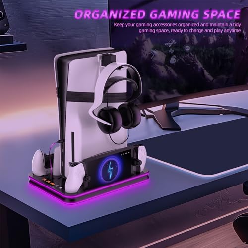 PS5 Pro/PS5/Slim/Stand and Cooling Station with LED,Charging Station for PlayStation Portal & PS5 Controller, Headset and Remote Holders (Black) - color: Black