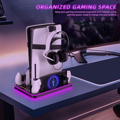 PS5 Pro/PS5/Slim/Stand and Cooling Station with LED,Charging Station for PlayStation Portal & PS5 Controller, Headset and Remote Holders (Black) - color: Black