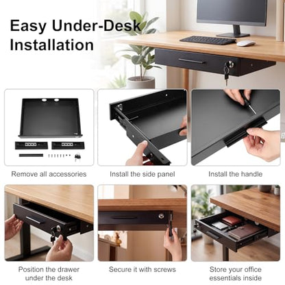 Menkxi 18'' x 12'' Under Desk Drawer Slide Out Storage Organizer, Lockable Metal Desk Drawer for Laptop and Office Accessories, Large Hidden Under Table Storage Box with Cable Management, Black - size: 18'' x 12''