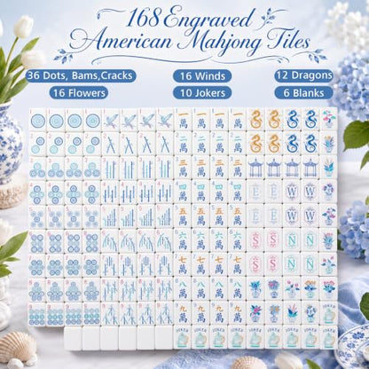 Soulchen 1.2 Inch Blue Houseplant American Mahjong Set, 168 Pcs Tiles | Engraved, Tote Bag Dice Carry Pouch, Complete American Mahjong Set, Game Night Travel Vacation Collection Gift - color: Blue, size: 1.2 Inch