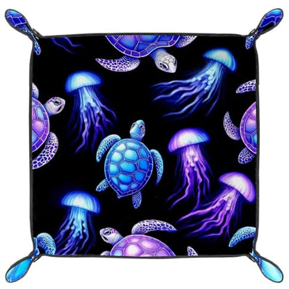 Dice Trays Turtles Jellyfishes Holder Storage Box for Dice Games Like RPG DND, Leather Dice Holder Portable Folding Rolling Dice Tray, 16x16cm - color: Multi 8