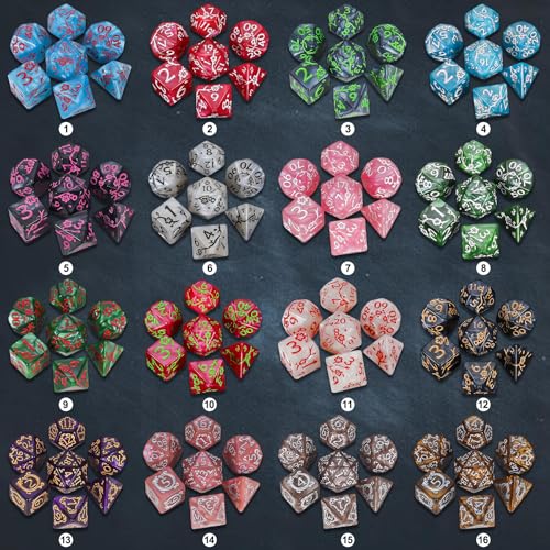 CiaraQ Polyhedral Dice with Engraved Designs & Drawstring Pouch | 26 acrylic dice sets – 182 pcs total, 7 per set (D4-D20). Lightweight & durable. Great for D&D & tabletop games. Ages 14+. - color: 26 Colors - Engraved Pattern Style