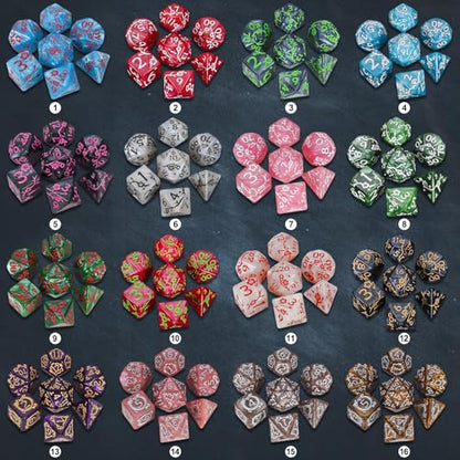 CiaraQ Polyhedral Dice with Engraved Designs & Drawstring Pouch | 26 acrylic dice sets – 182 pcs total, 7 per set (D4-D20). Lightweight & durable. Great for D&D & tabletop games. Ages 14+. - color: 26 Colors - Engraved Pattern Style