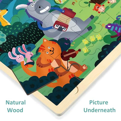 24 Piece Puzzles for Kids Ages 3-5 Forest Musicians | Wooden Jigsaw Puzzle for Toddlers 3 4 5 Year Old, Preschool Toddler Puzzles with Tray