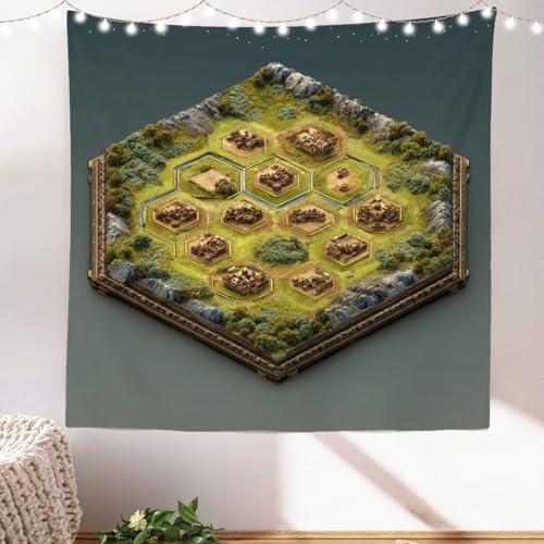Batmerry Hex Grid Battlefield Miniature Terrain Tapestry, Isometric Game Map With Villages Wall Art Hanging Polyester Fiber White Ruffled Around for Dorm Room Bedroom Living Room, 59.1x59.1 inches
