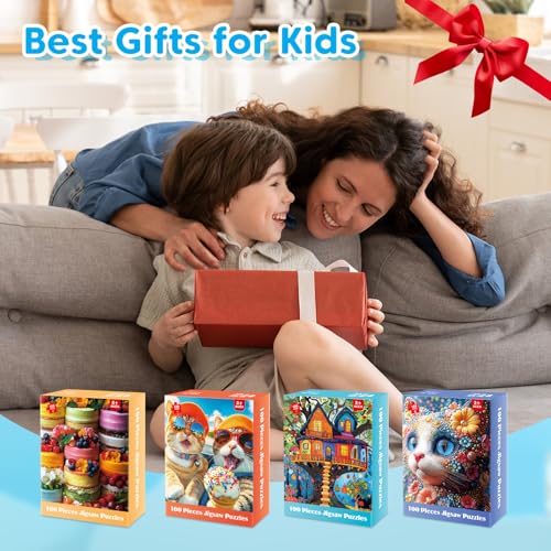 4-Pack 100 Piece Puzzles - Cakes Tree House Cats Puzzle for Kids Ages 4-8 8-10, 100 Piece Jigsaw Puzzle for Adults Seniors Children Learning Educational Puzzles Toys Birthday Xmas Gifts for Girls Boys - style: Cakes Tree House & Cats